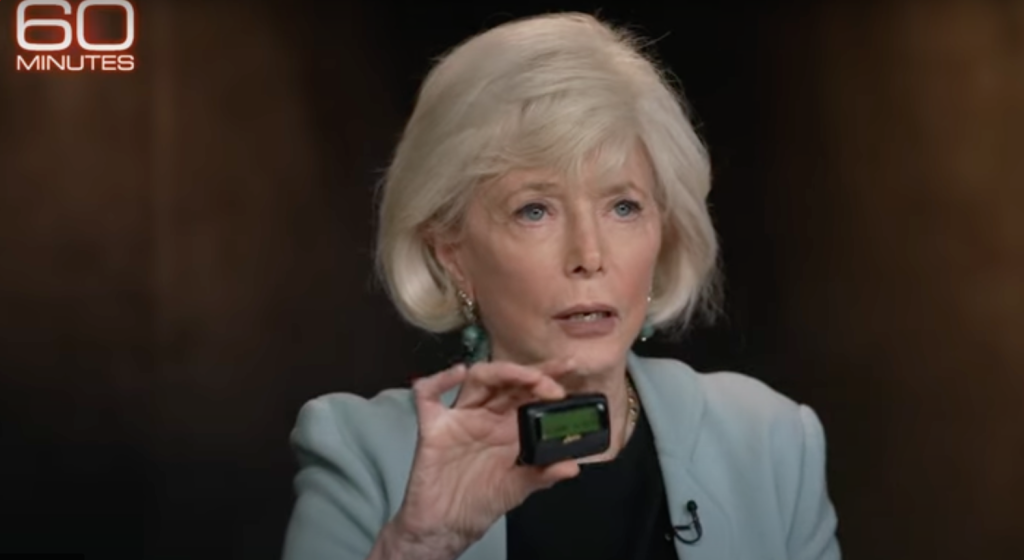 60 Minutes host Lesley Stahl holds up a pager during the program titled 'The Pager Plot', which aired on December 22, 2024. (Screenshot, 60 minutes Youtube channel)